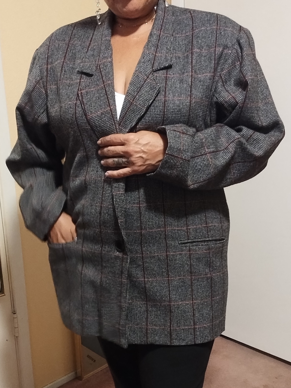 Adolfo Checked Relaxed-Fit Women's Blazer Jacket - Gray